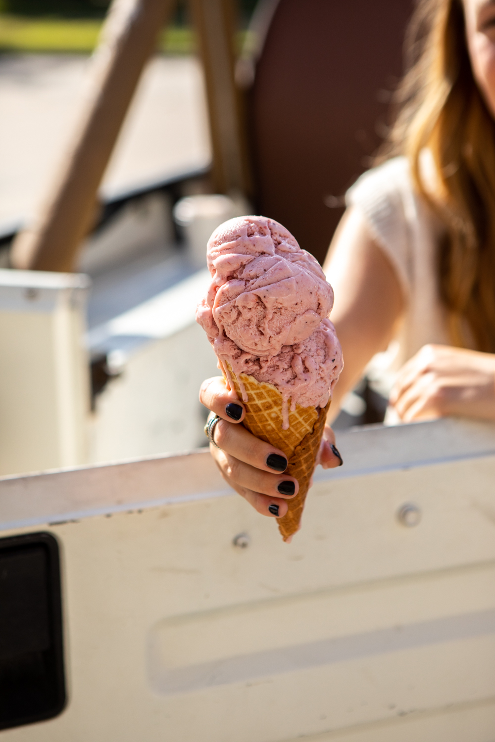 Strawberry ice cream cone in jeep