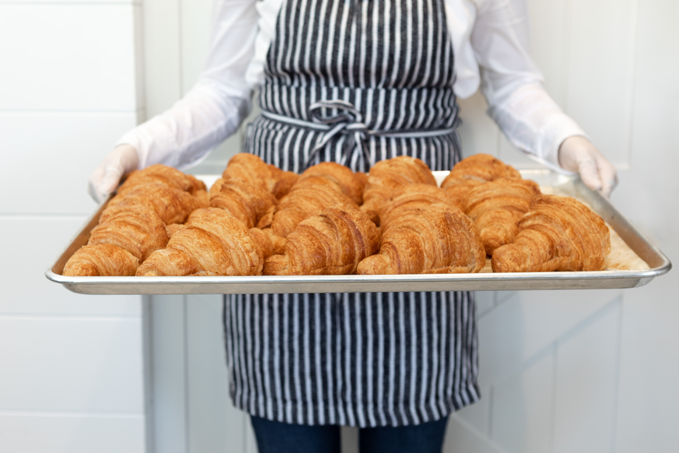 Staff with apron holding tray of croissants